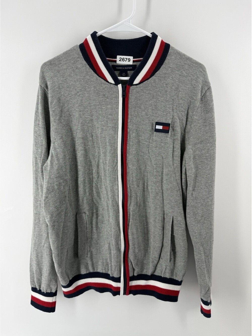 Tommy Hilfiger Grey Heather Logo Graphic Full Zip Sweater Prep Style